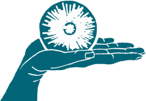 Das Logo der Website. eine stilisierte Hand hält eine Kugel in der geöffneten Hand